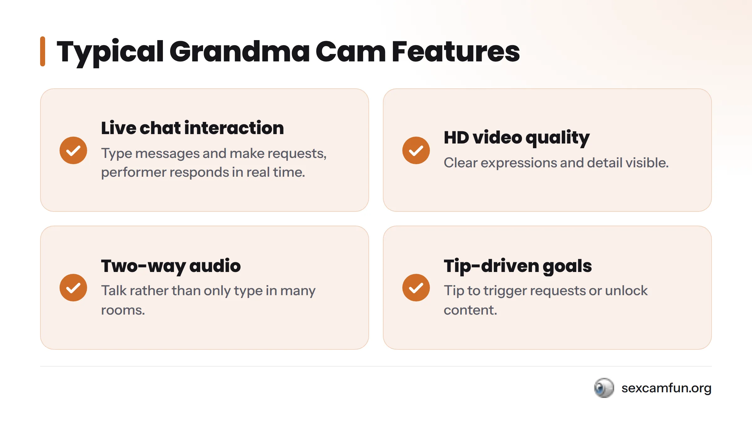 Checklist of four features: live chat interaction, HD video quality, two-way audio, and tip-driven goals.