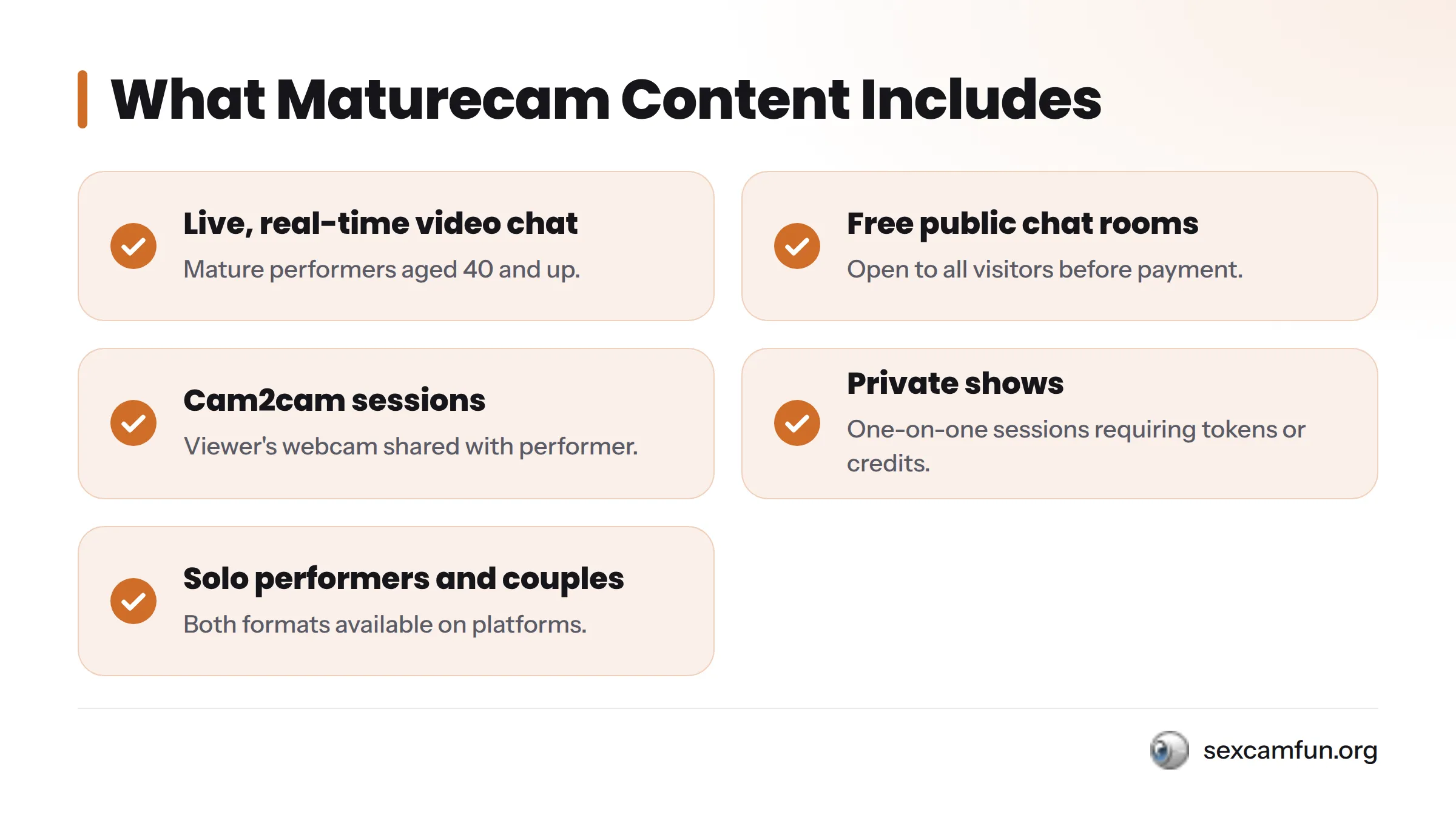 A checklist of five typical features of maturecam content: live video chat, free public rooms, cam2cam sessions, private shows, and solo or couple performers.