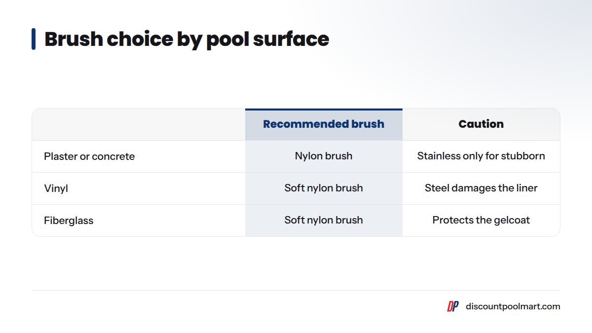 Nylon brushes suit plaster, vinyl, and fiberglass; stiff stainless brushes are only for stubborn spots on hard plaster, and steel damages vinyl.