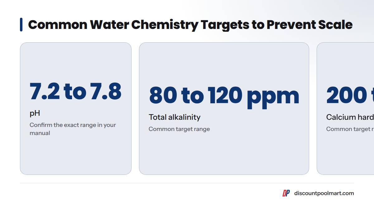 Three common water balance targets: pH around 7.2 to 7.8, total alkalinity around 80 to 120 ppm, and calcium hardness around 200 to 400 ppm.