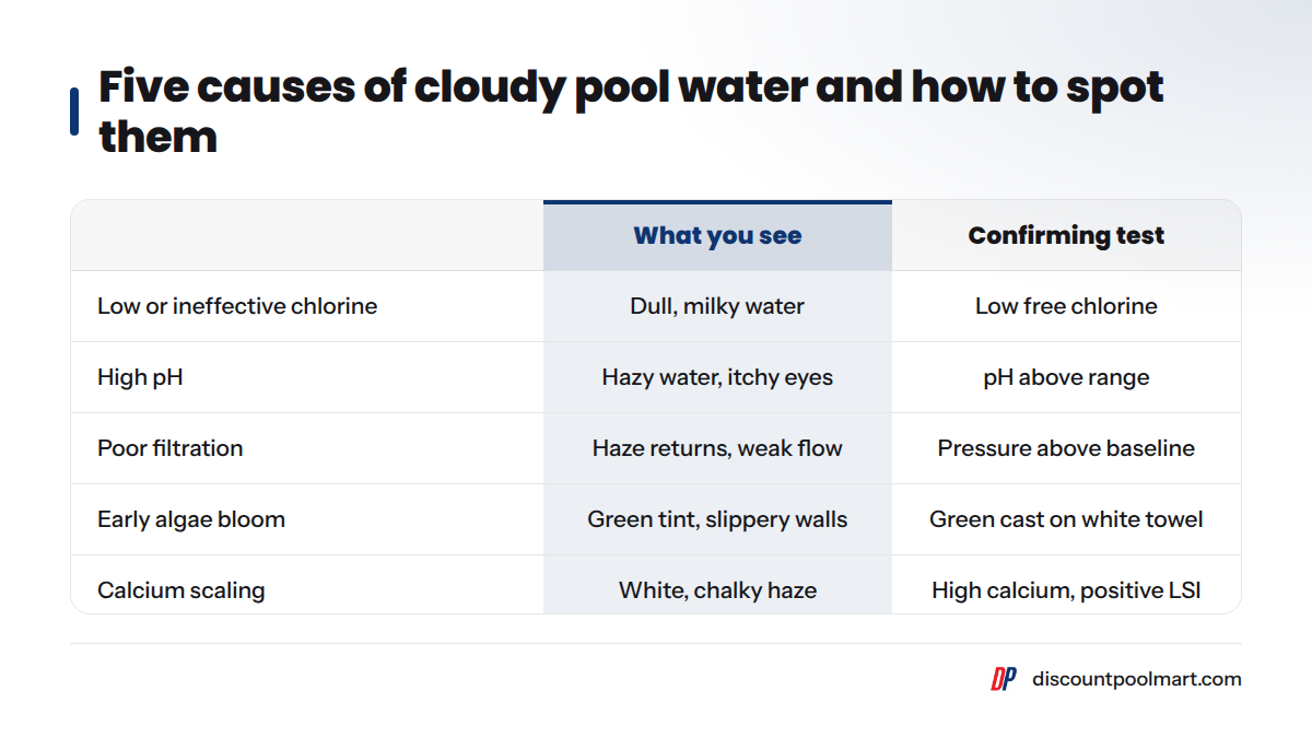 Table comparing five causes of cloudy pool water: low chlorine, high pH, poor filtration, early algae and calcium scaling, by what you see and the confirming test.