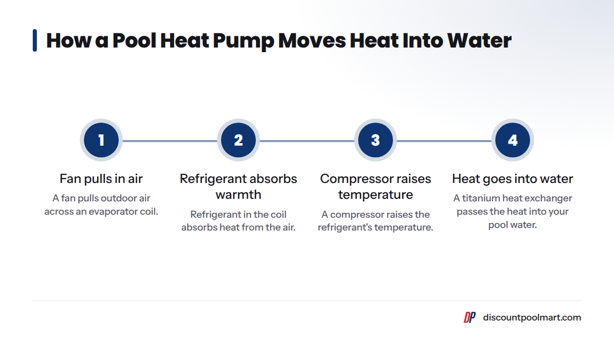 Four steps of a pool heat pump: a fan pulls air over the evaporator coil, refrigerant absorbs the warmth, a compressor raises its temperature, and a titanium heat exchanger passes the heat into the po