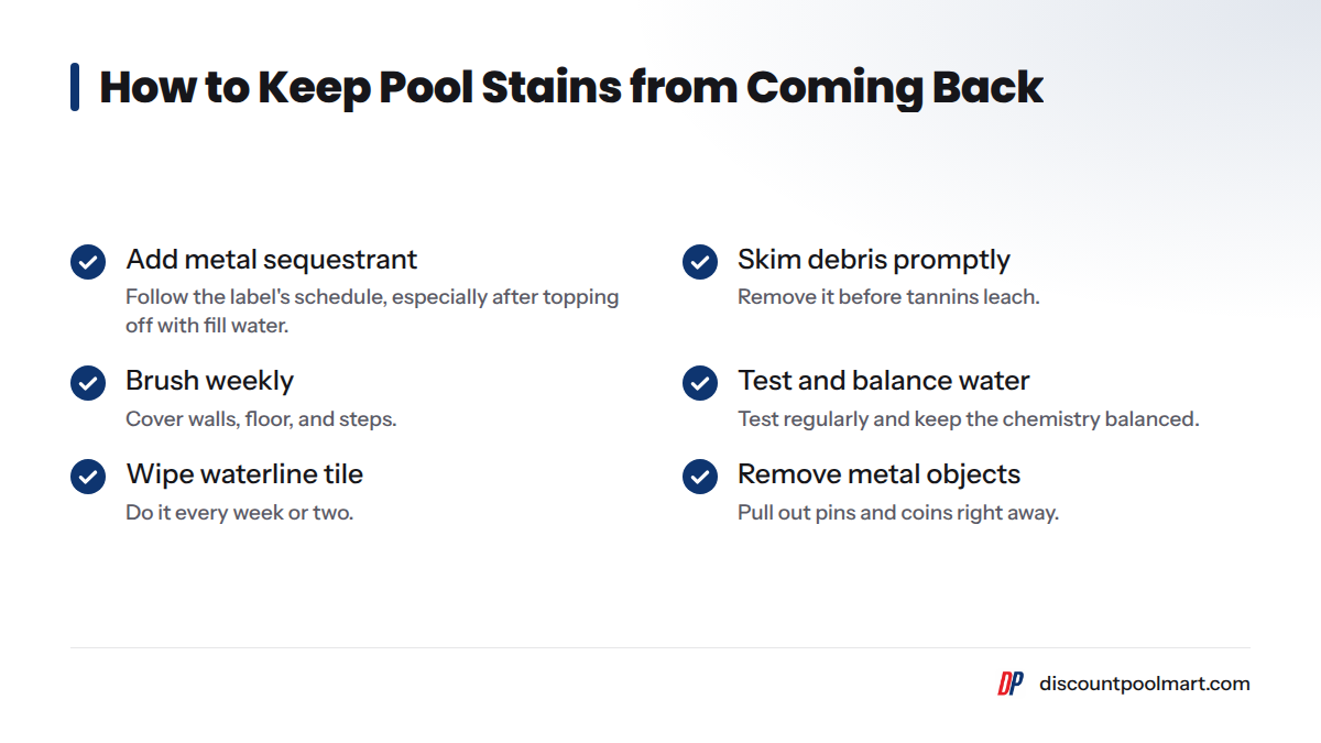 A checklist for preventing stains: add metal sequestrant, skim debris promptly, brush weekly, test water regularly, wipe waterline tile every week or two, and remove metal objects right away.