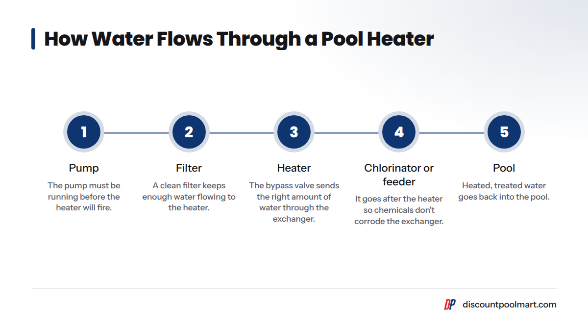 The water path runs from the pump to the filter, then the heater, then the chlorinator or chemical feeder, and back to the pool.