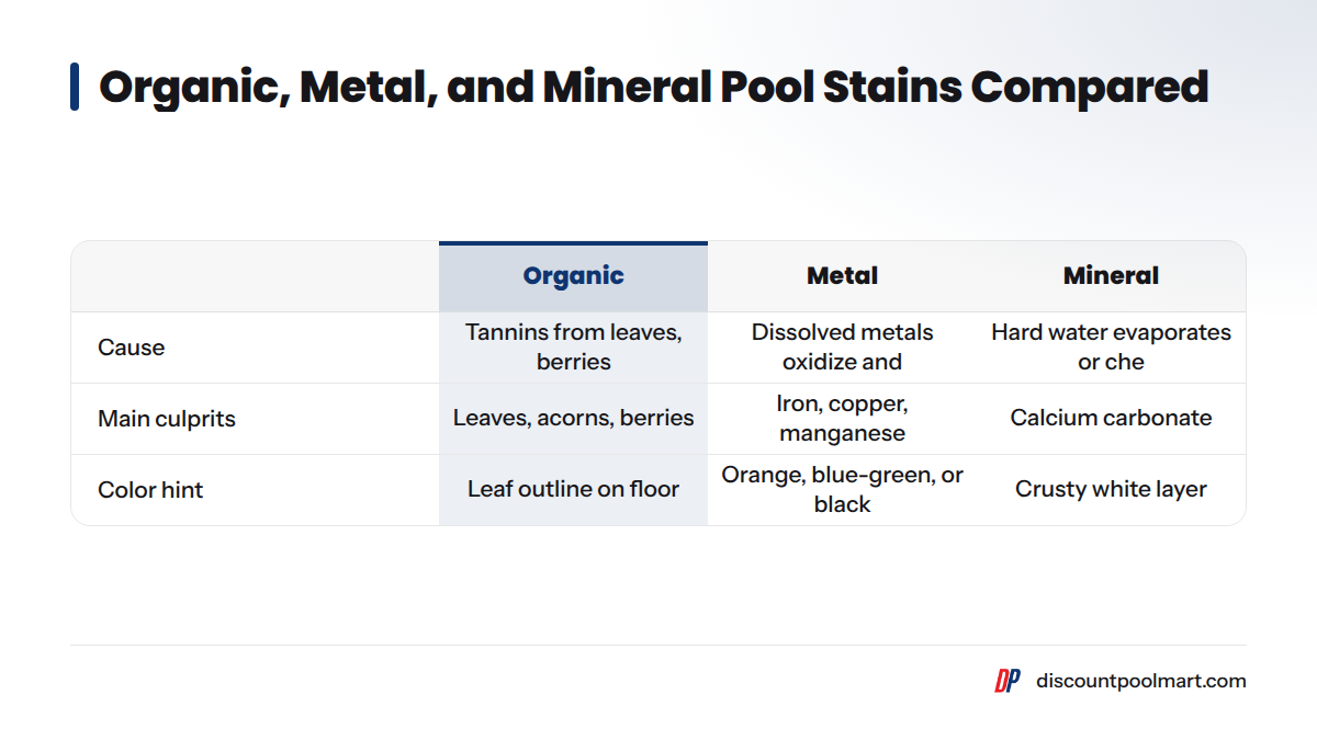A comparison of the three stain types: organic stains come from tannins in leaves and berries, metal stains from iron, copper, or manganese, and mineral stains from crusty white calcium carbonate scal