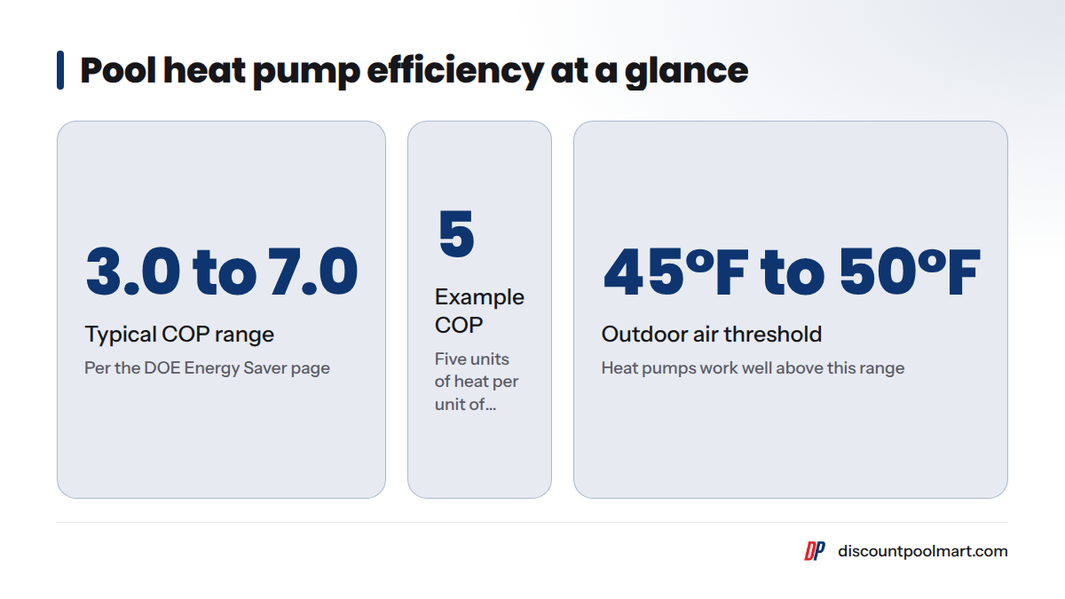 Key figures from the DOE: heat pump COPs usually range from 3.0 to 7.0, a COP of 5 delivers five units of heat per unit of electricity, and heat pumps work well above the 45°F to 50°F range.
