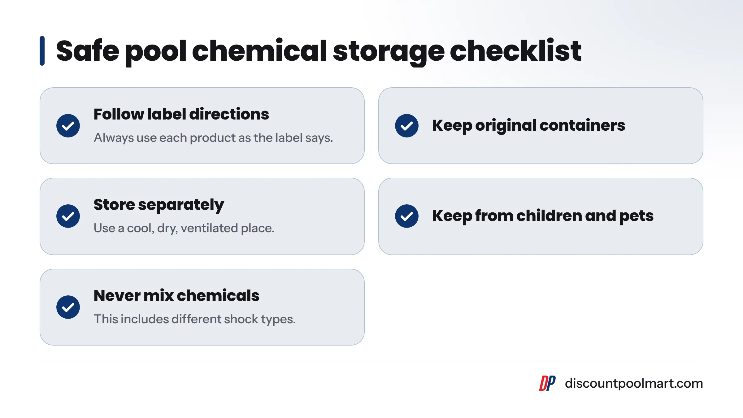 A checklist for storing pool chemicals: follow label directions, keep the original container, store separately somewhere cool, dry, and ventilated, keep away from children and pets, and never mix…