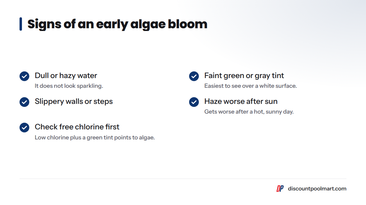 Checklist of four early algae signs: dull water, faint green or gray tint, slippery walls, and haze that worsens after hot sun.