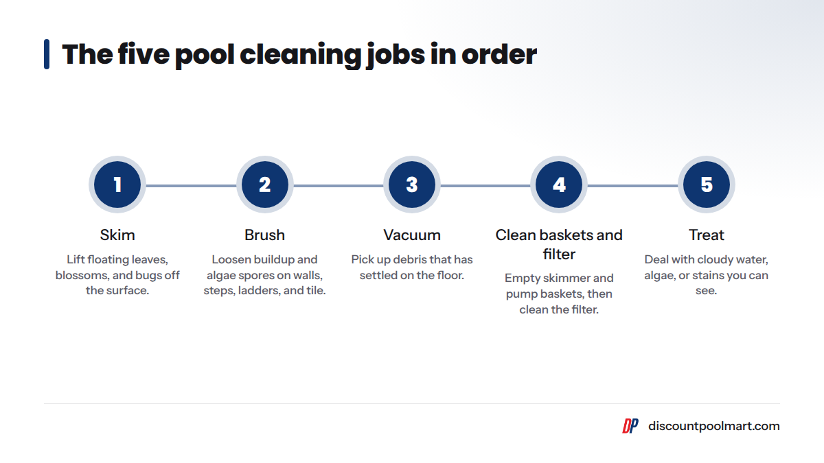 Five steps in order: skim, brush, vacuum, clean baskets and filter, then treat visible problems.