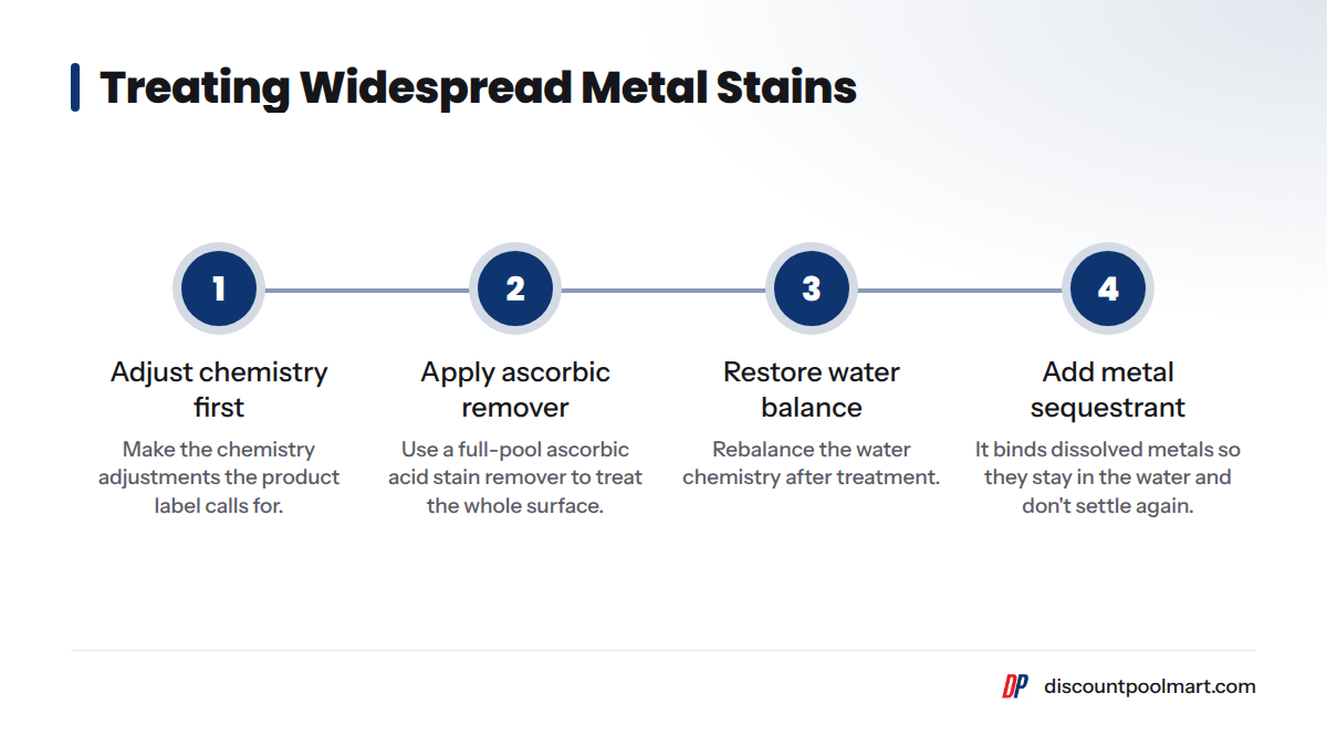 Four steps for widespread metal staining: adjust chemistry per the label, apply a full-pool ascorbic acid stain remover, rebalance the water, then add a metal sequestrant.