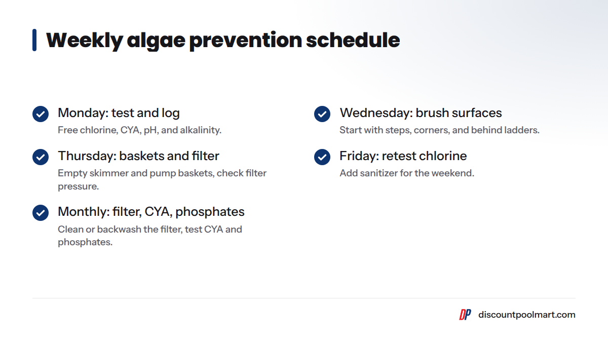 A checklist of weekly tasks: test Monday, adjust Tuesday, brush Wednesday, baskets Thursday, retest Friday, monthly filter cleaning.