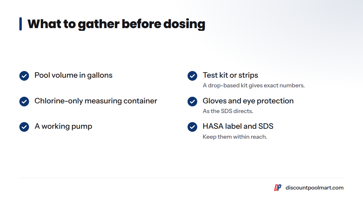 Checklist of six items to have ready before dosing liquid chlorine, including pool volume, test kit, gloves, and the label.