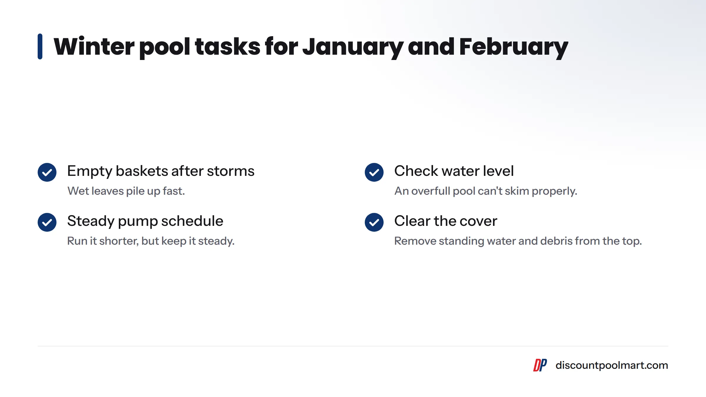 Checklist of winter pool tasks: empty baskets after storms, check the water level after heavy rain, keep a steady pump schedule and clear debris off the cover.